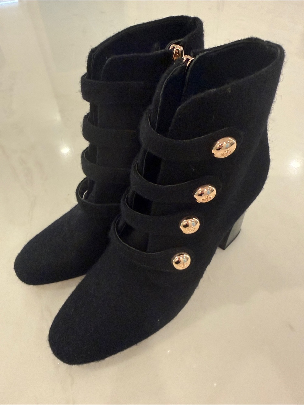 Tory Burch Black Wool Marissa Ankle Booties with Tory Burch Logo Gold Buttons